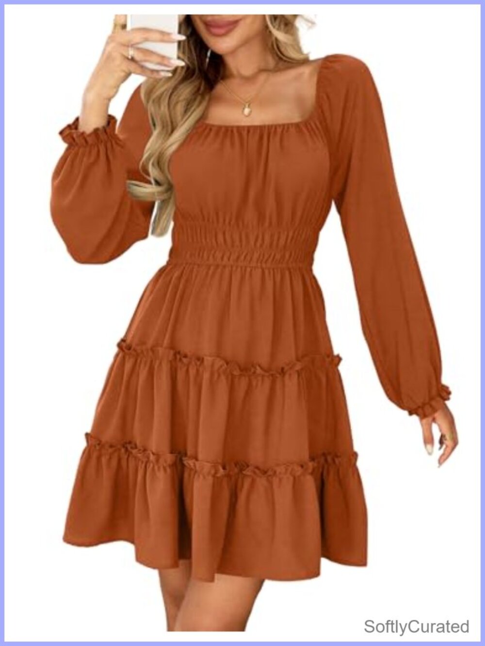 Square Neck Long Sleeve Tiered Ruffle A-Line Mini Dress with Pockets